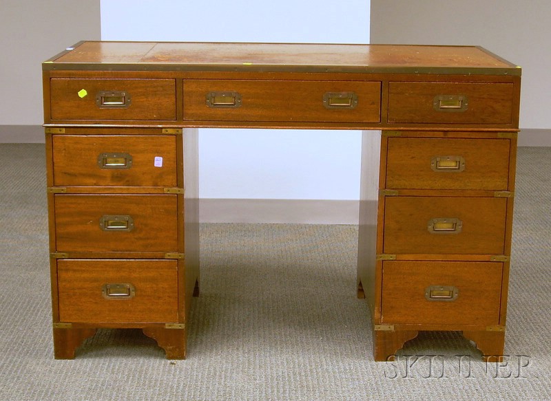 Appraisal: British-style Brass-mounted Mahogany Double-pedestal Captain's Desk with Leather-inset Writing Surface