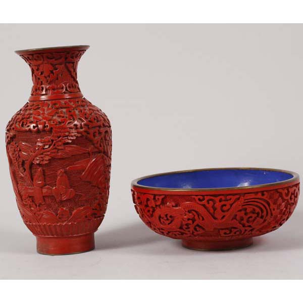 Appraisal: Chinese cinnabar vase and bowl with deep blue interiors Vase