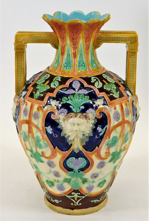 Appraisal: COPELAND ENGLISH MAJOLICA FOUR WINDS VASE England Late th CenturyDouble