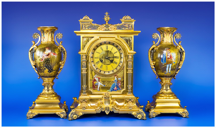 Appraisal: French Ormolu Mounted Gilt-Brass Garniture Set Gold Chapter Dial With