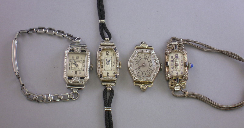 Appraisal: Four Lady's Diamond and Gem-set Art Deco Wristwatches