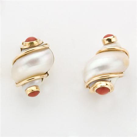 Appraisal: Pair of Gold Shell and Coral Earclips Seaman Schepps Estimate