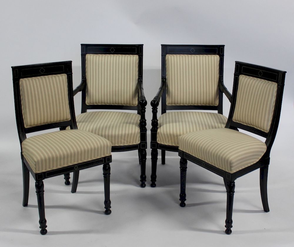 Appraisal: Napoleon Style Black Painted Chairs Including armchairs each rectangular padded