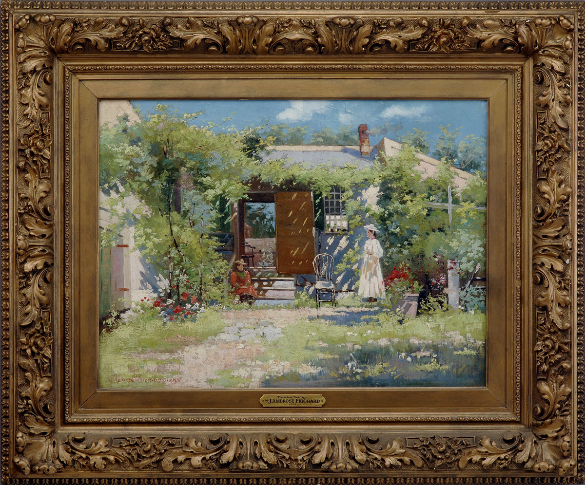 Appraisal: J AMBROSE PRITCHARD AMERICAN - GARDEN COTTAGE Oil on canvas