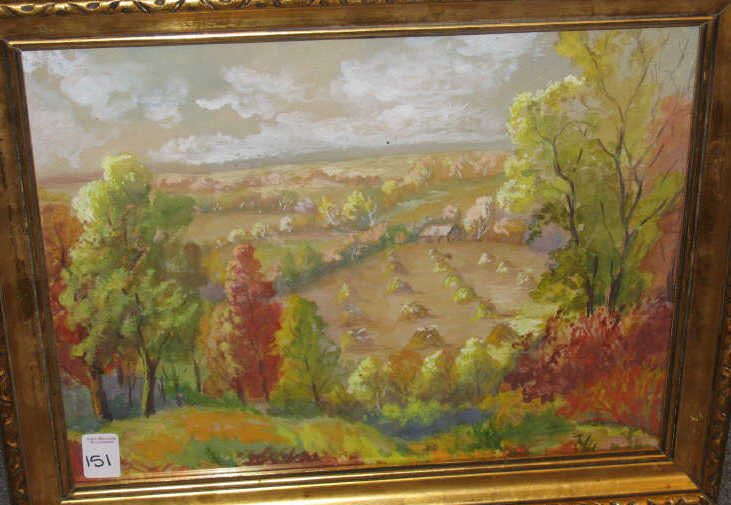 Appraisal: ED HINES Watercolor autumnal landscape with haystacks signed lower right