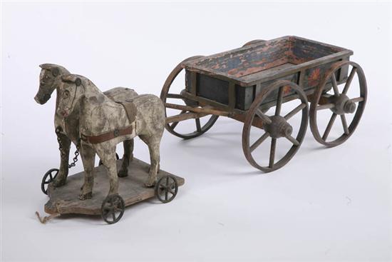 Appraisal: HORSE AND CART PULL TOY Soft wood Two white painted