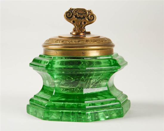 Appraisal: A th C Green Glass Inkwell the pressed glass mounted