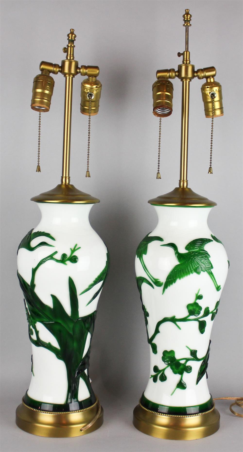 Appraisal: PAIR OF MODERN CHINESE GREEN AND WHITE BEIJING GLASS VASES