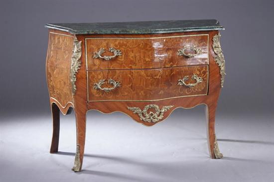 Appraisal: LOUIS XV STYLE MARBLE-TOP MARQUETRY-INLAID BOMBE COMMODE th century with