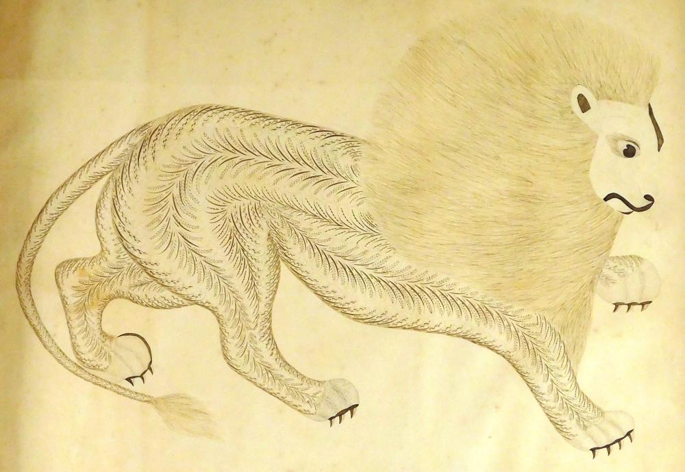 Appraisal: Ink calligraphy th C standing lion in profile intricate wheat