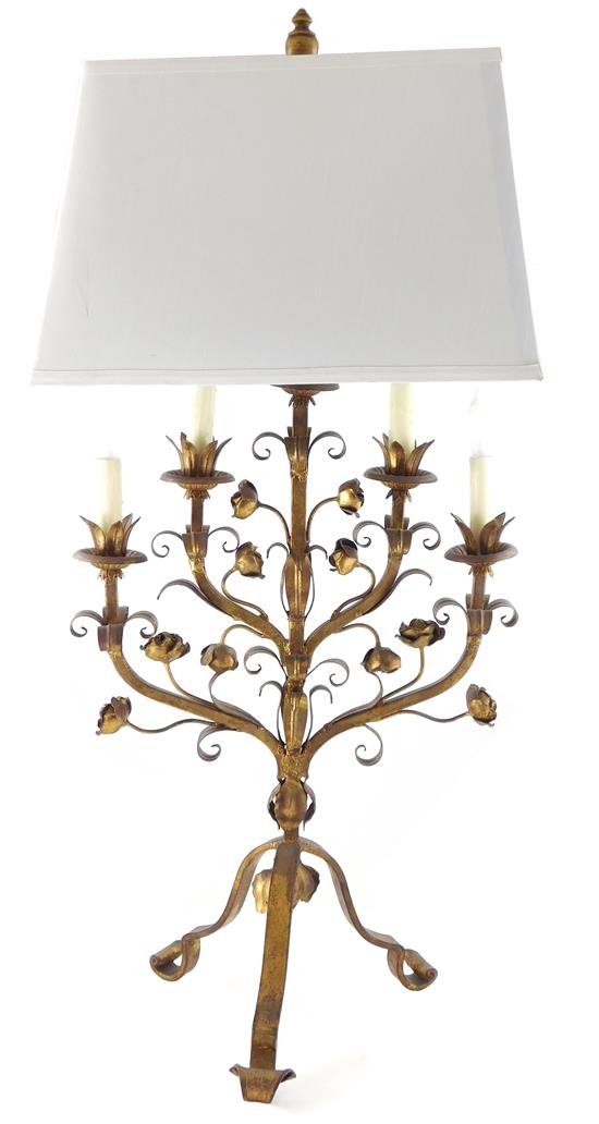 Appraisal: Gilt metal five-light candleabra converted to table lamp sculptural floral