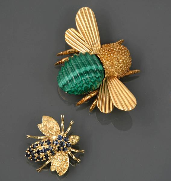 Appraisal: A collection of two sapphire malachite and gold insect brooches