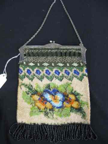 Appraisal: Victorian Beaded Handbag floral decor fancy fridge silverplate frame ''