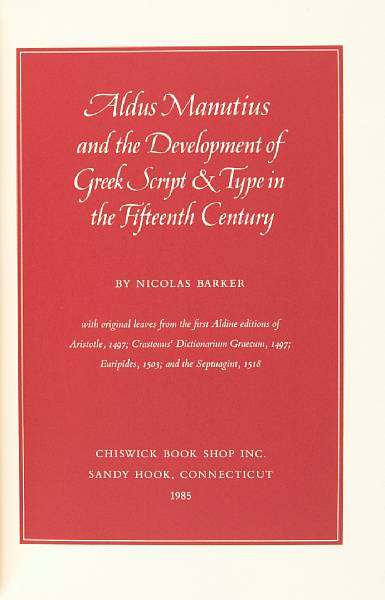 Appraisal: LEAF BOOK ALDINE Barker Nicolas Aldus Manutius and the Development