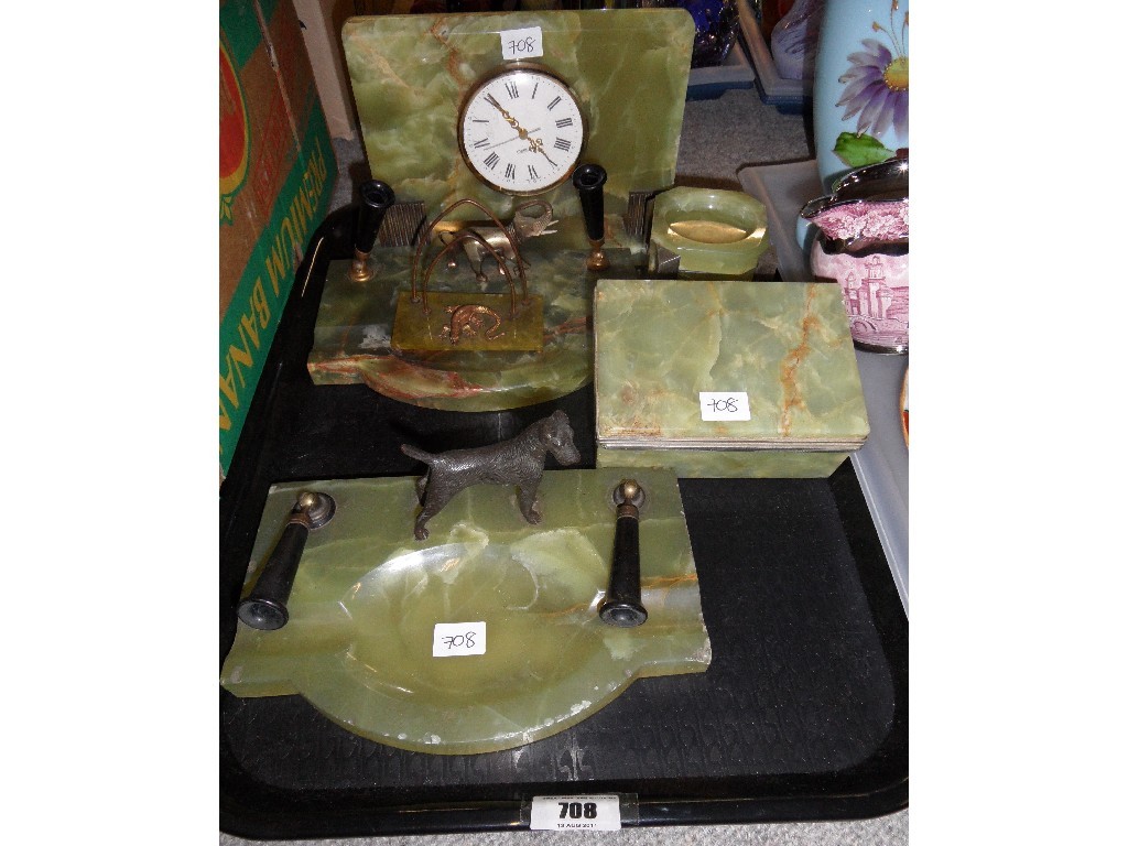 Appraisal: Tray lot of green onyx items - deskstands clock ashtrays