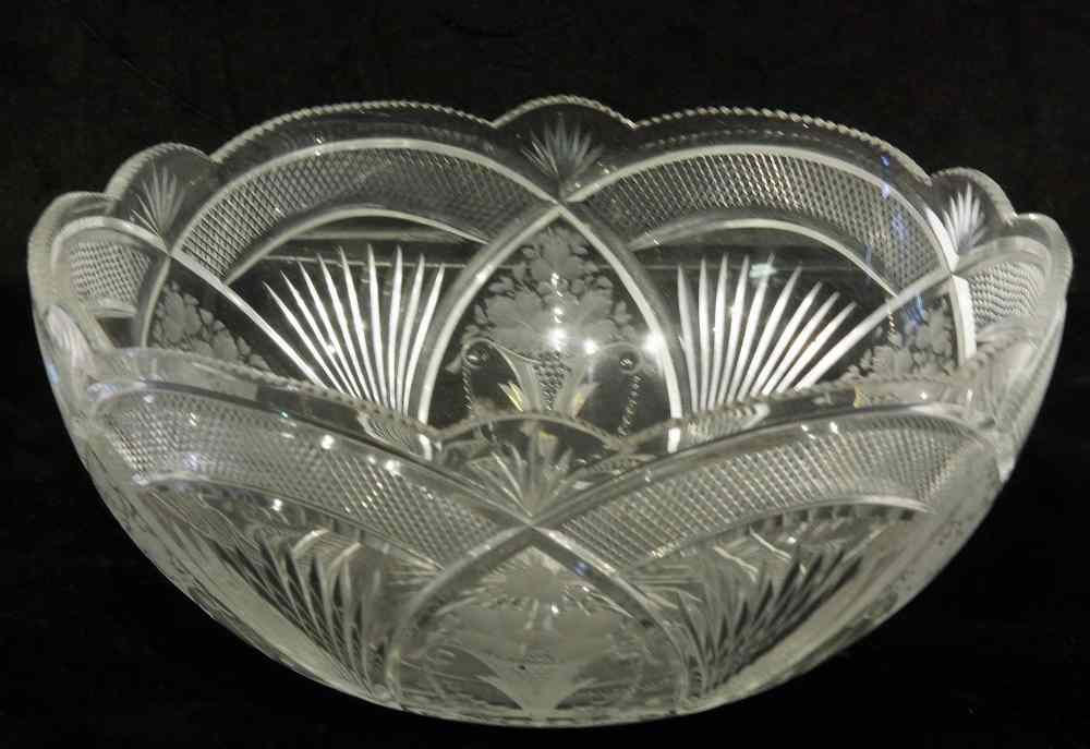 Appraisal: CUT ETCHED GLASS CENTER BOWL - th c Fine Quality