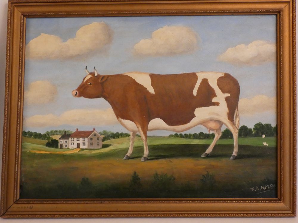 Appraisal: W A MAYHEW FOLK ART COW HOME PAINTING Old oil