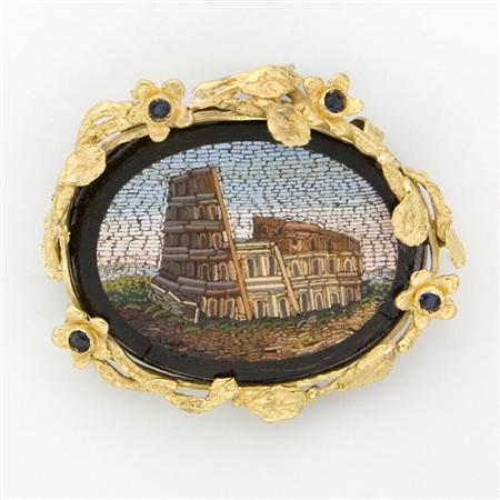 Appraisal: Gold Micromosaic and Sapphire Brooch Estimate -