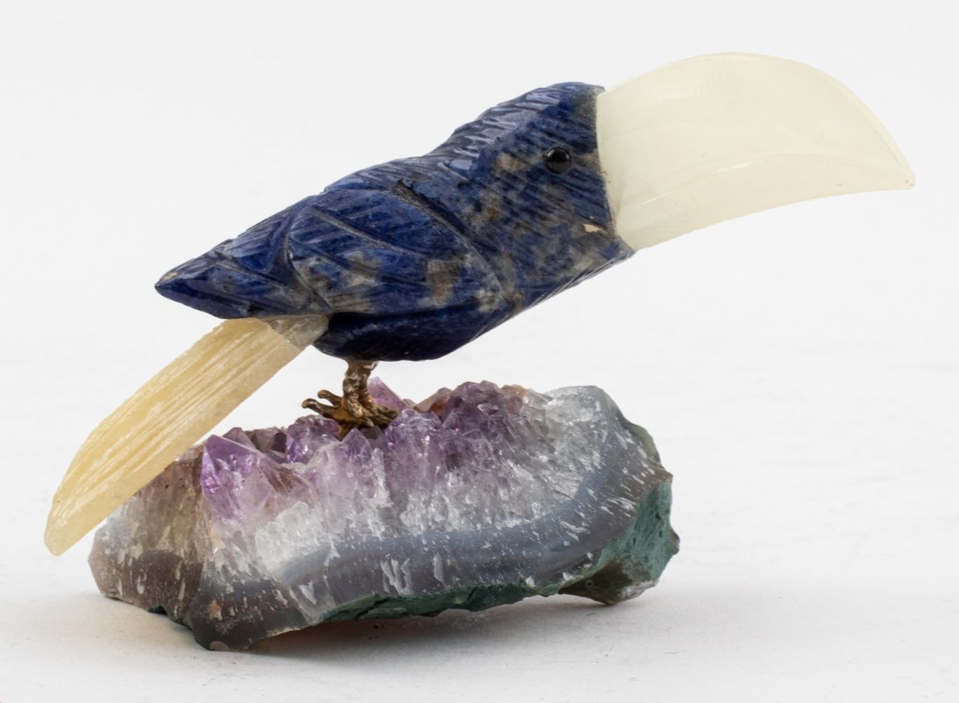 Appraisal: SODALITE CRYSTAL CARVED BIRD ON AMETHYST MATRIX Hand-carved sodalite and