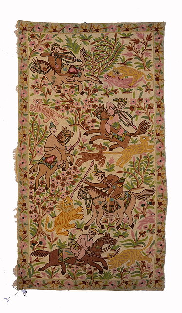 Appraisal: A KASHMIRI CREWEL WORK WALL HANGING decorated a hunting scene