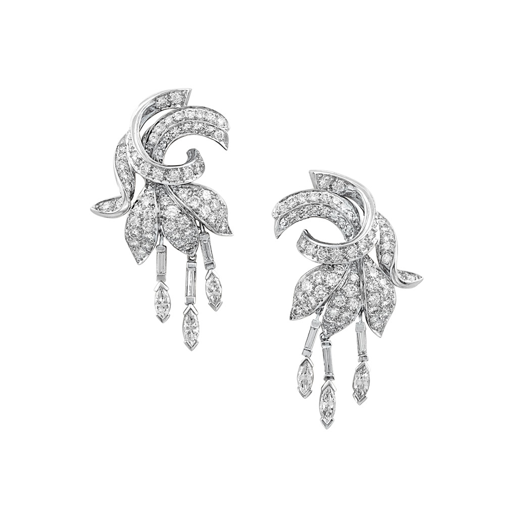 Appraisal: Pair of Platinum and Diamond Flower Fringe Earclips The curved