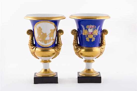 Appraisal: Pair Paris porcelain campana urns th century with central gilt