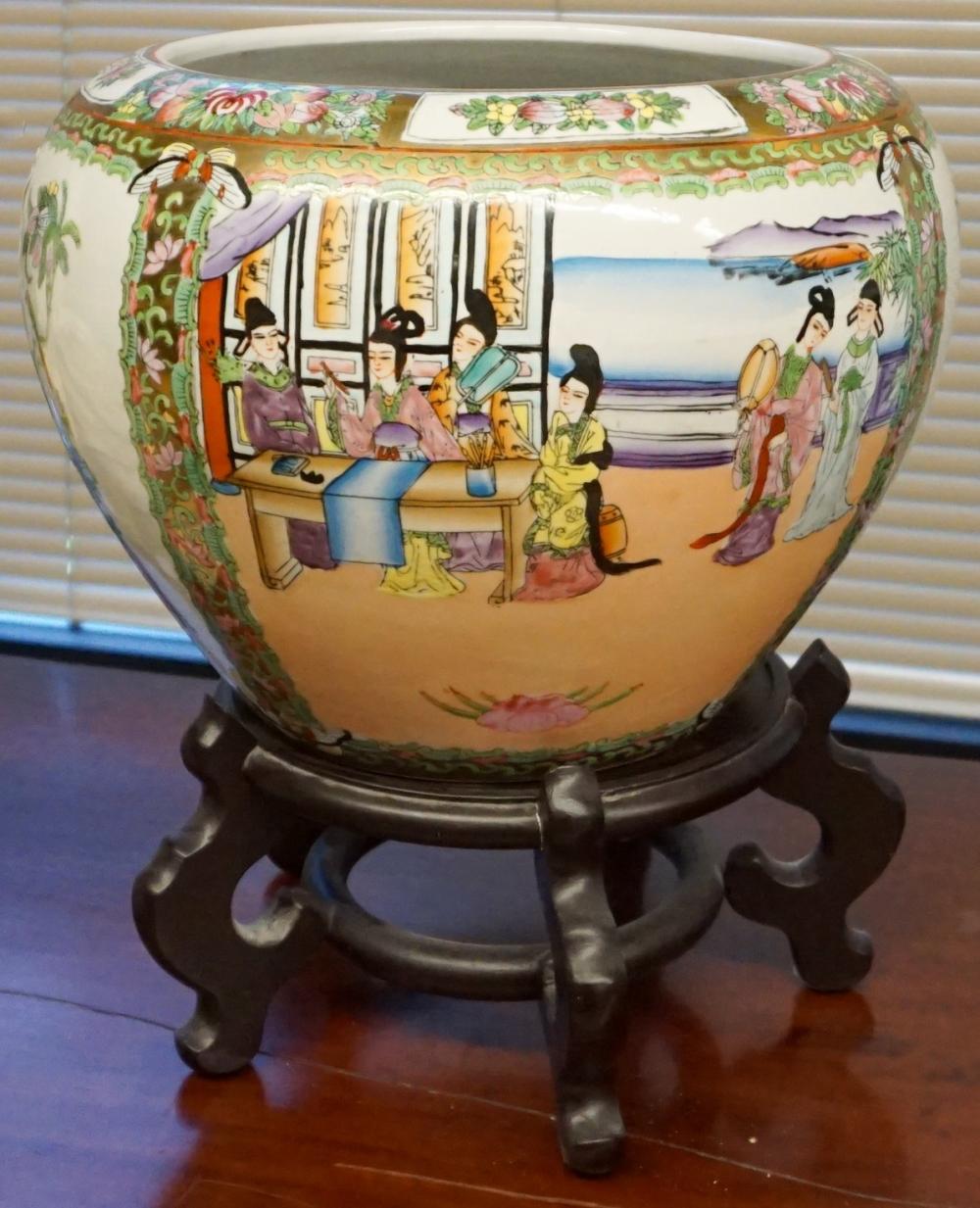 Appraisal: Chinese Famille Rose Decorated Porcelain Fish Bowl with Hardwood Stand