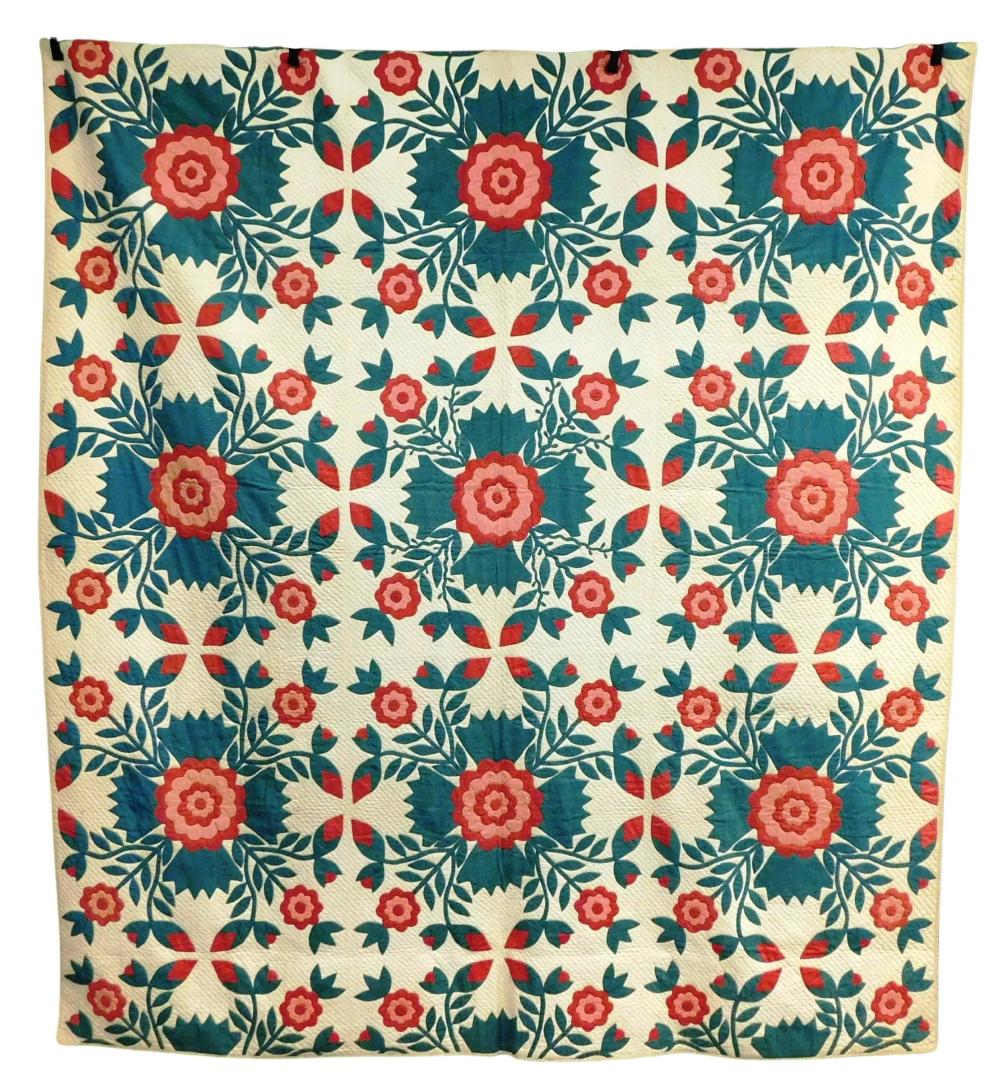 Appraisal: TEXTILE Red and blue originally green appliqu cotton quilt in