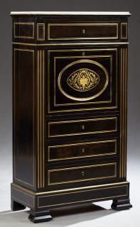 Appraisal: French Boulle Inlaid Ebonized Marble Top Secretair French Boulle Inlaid