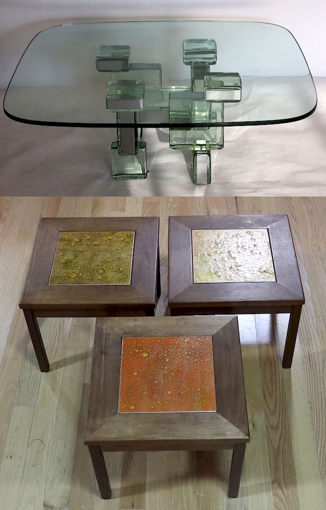 Appraisal: MIDCENTURY Glass Brick Coffee Table Together With Tile Top Tables