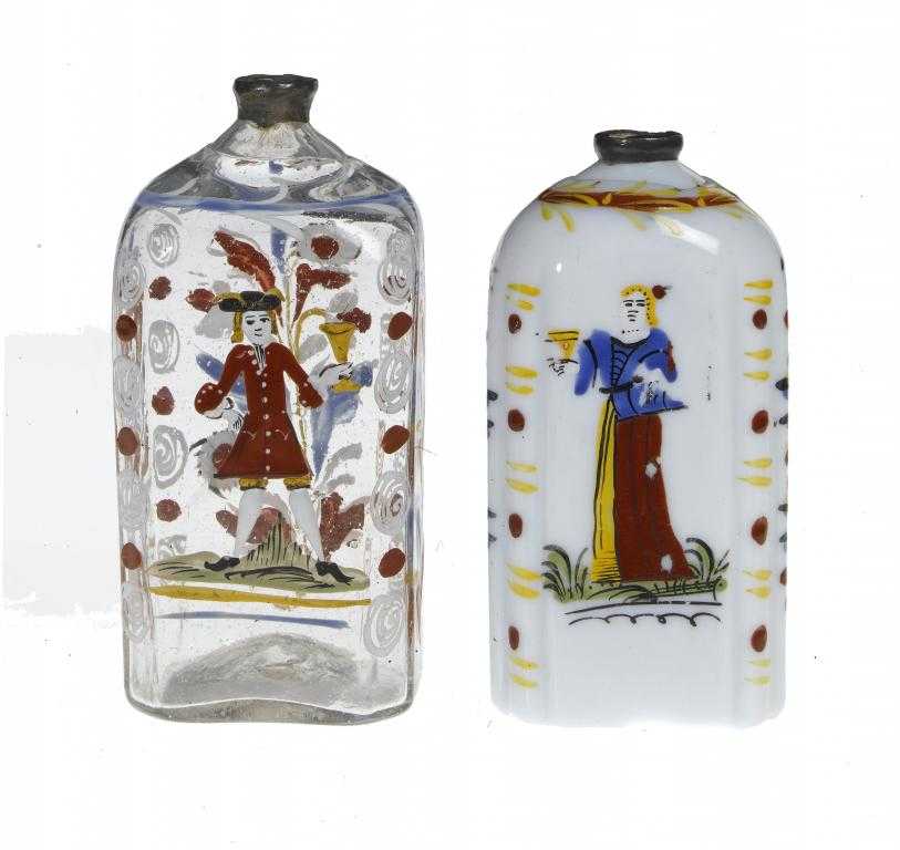 Appraisal: TWO GERMAN ENAMELLED GLASS FLASKS one of milchglas painted with