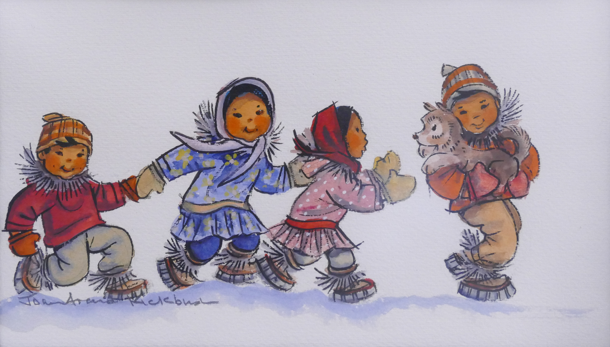 Appraisal: Joan Arend Kickbush 'Eskimo Children' Watercolor Painting Framed- x ''