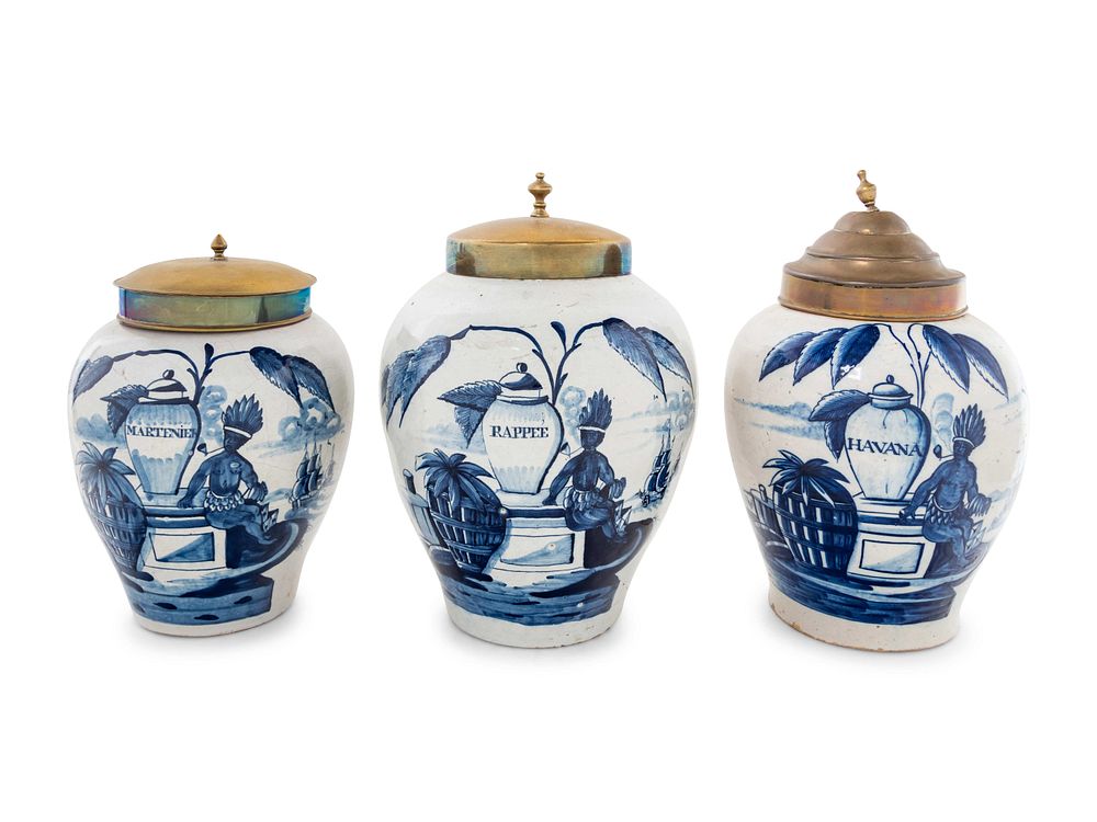 Appraisal: Three Delft Blue and White Tobacco Jars Three Delft Blue