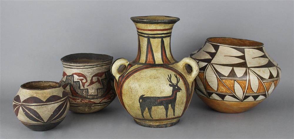 Appraisal: FOUR NATIVE AMERICAN POTTERY PIECES ca - painted with geometric