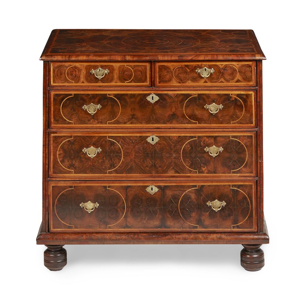 Appraisal: WILLIAM AND MARY WALNUT OYSTER VENEERED CHEST OF DRAWERS LATE