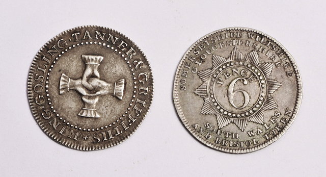 Appraisal: TWO EARLY TH CENTURY SIXPENCE TOKENS one for W Sheppard