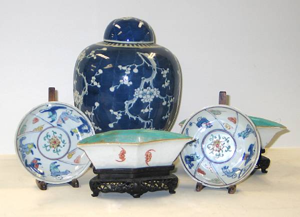 Appraisal: Five porcelains Including a blue and white covered ginger jar