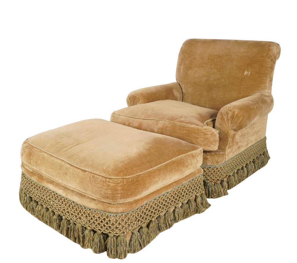 Appraisal: MICHAEL SMITH CLUB CHAIR OTTOMANcovered with gold-colored velour fabric Provenance