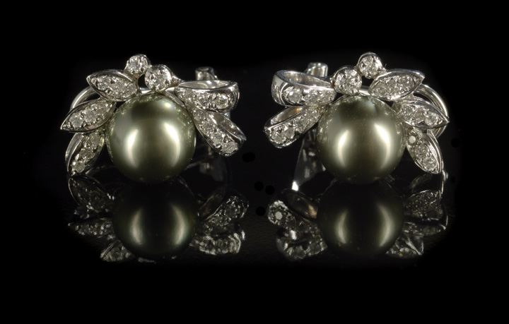 Appraisal: Pair of Eighteen-Karat White Gold Pearl and Diamond Earrings each