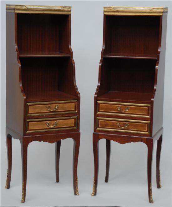 Appraisal: PAIR DIMINUTIVE ETAGERES -drawer with brass galleried top Mid th