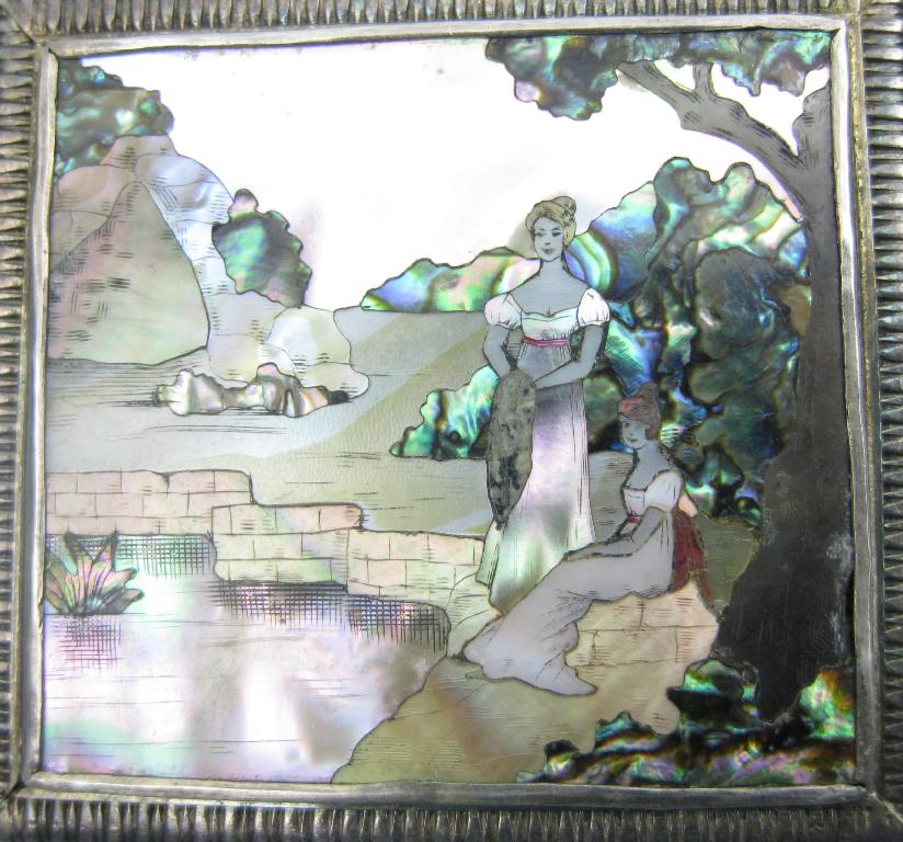 Appraisal: A silver framed square Brooch set mother of pearl engraved