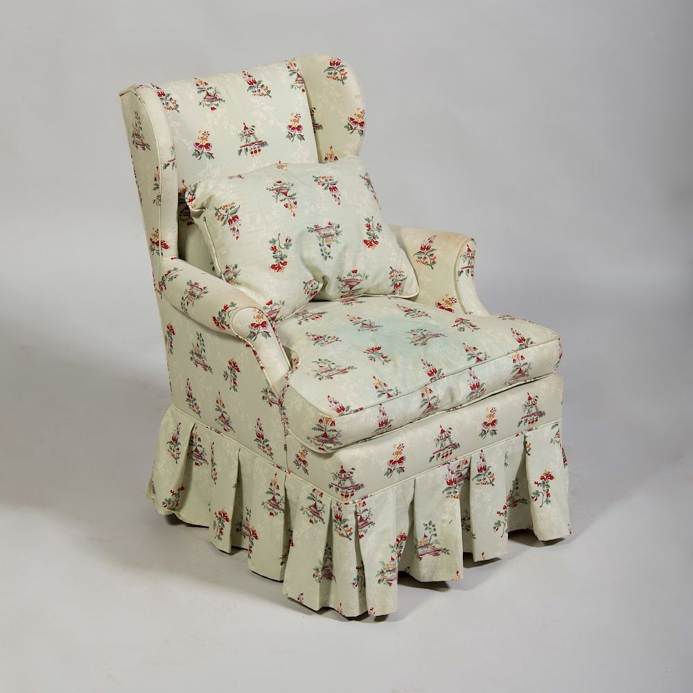 Appraisal: Linen Upholstered Wing Chair Upholstered in fabric designed by Susan