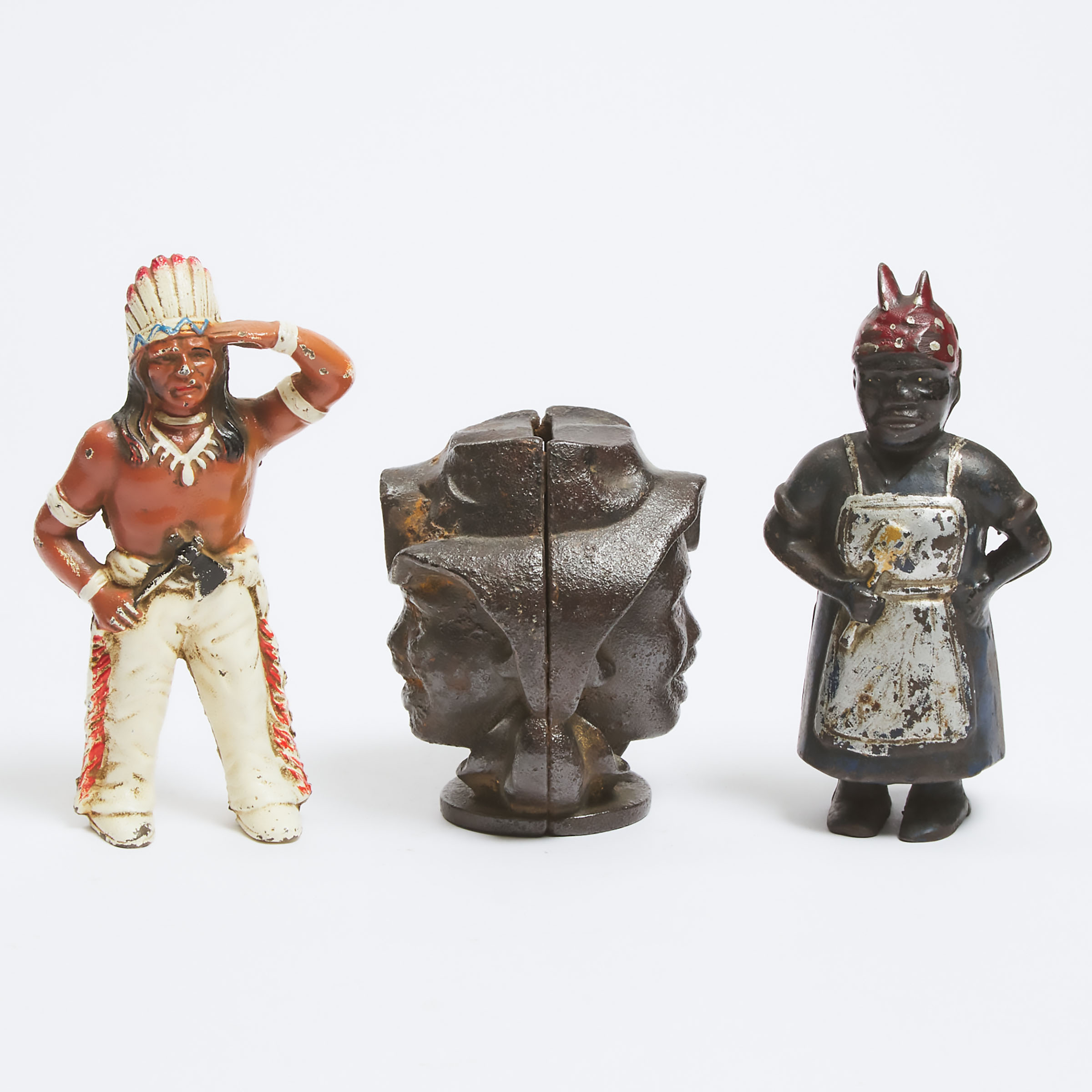 Appraisal: Two Painted Cast Iron Figural Still Banks and a Head