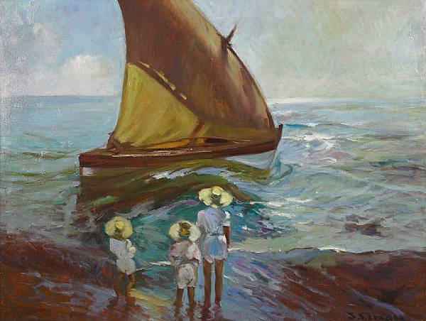 Appraisal: J Deveau late th Century Figures on a beach with