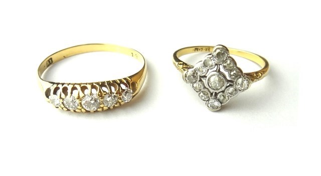 Appraisal: A gold and diamond set five stone ring mounted with