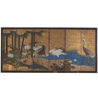 Appraisal: Antique Japanese -panel painted paper screen th c four cranes