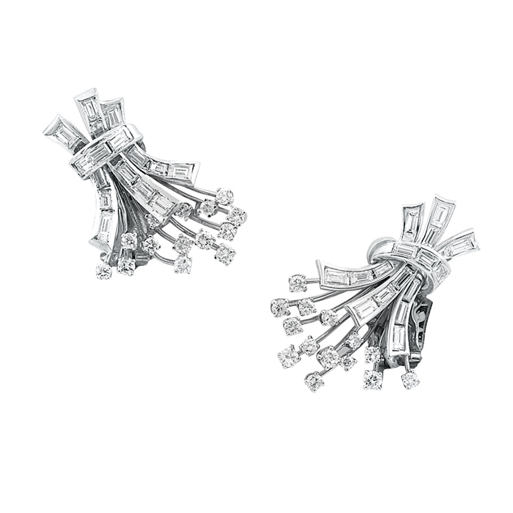 Appraisal: Pair of Platinum and Diamond Bouquet Earclips The wire stems