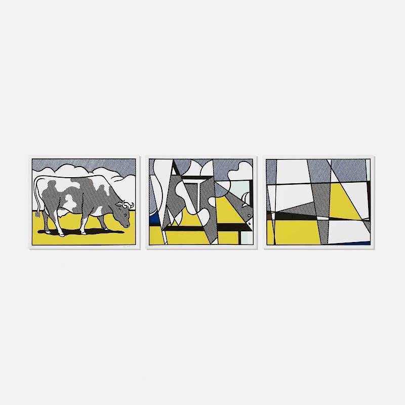 Appraisal: Roy Lichtenstein Cow Triptych Cow Going Abstract Roy Lichtenstein Cow