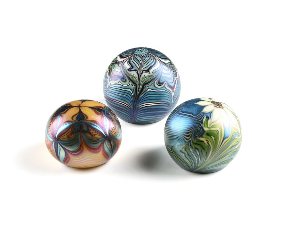 Appraisal: THREE ORIENT AND FLUME IRIDESCENT ART GLASS PAPERWEIGHTS CALIFORNIA -