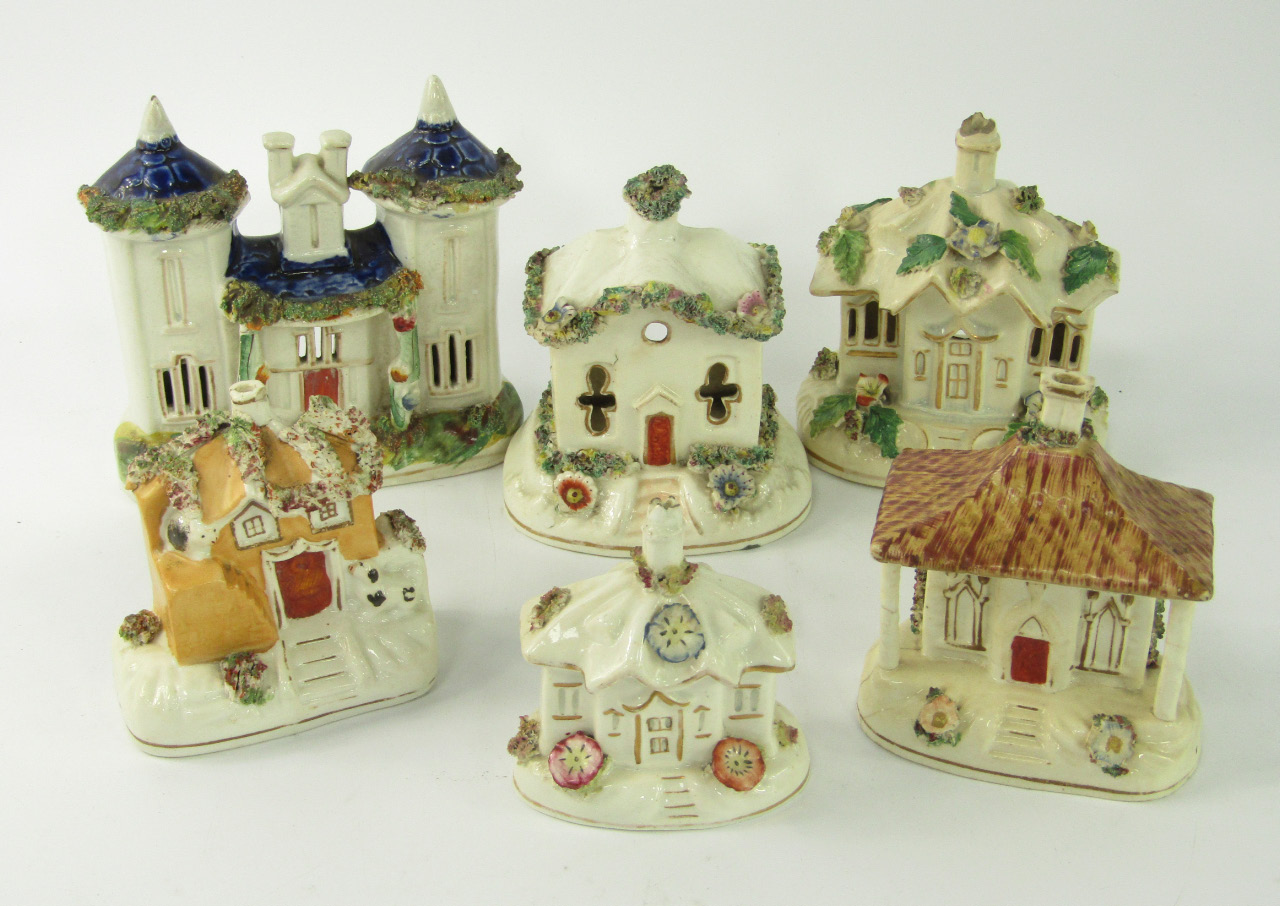 Appraisal: Six thC Staffordshire pottery pastille burners modelled as cottages